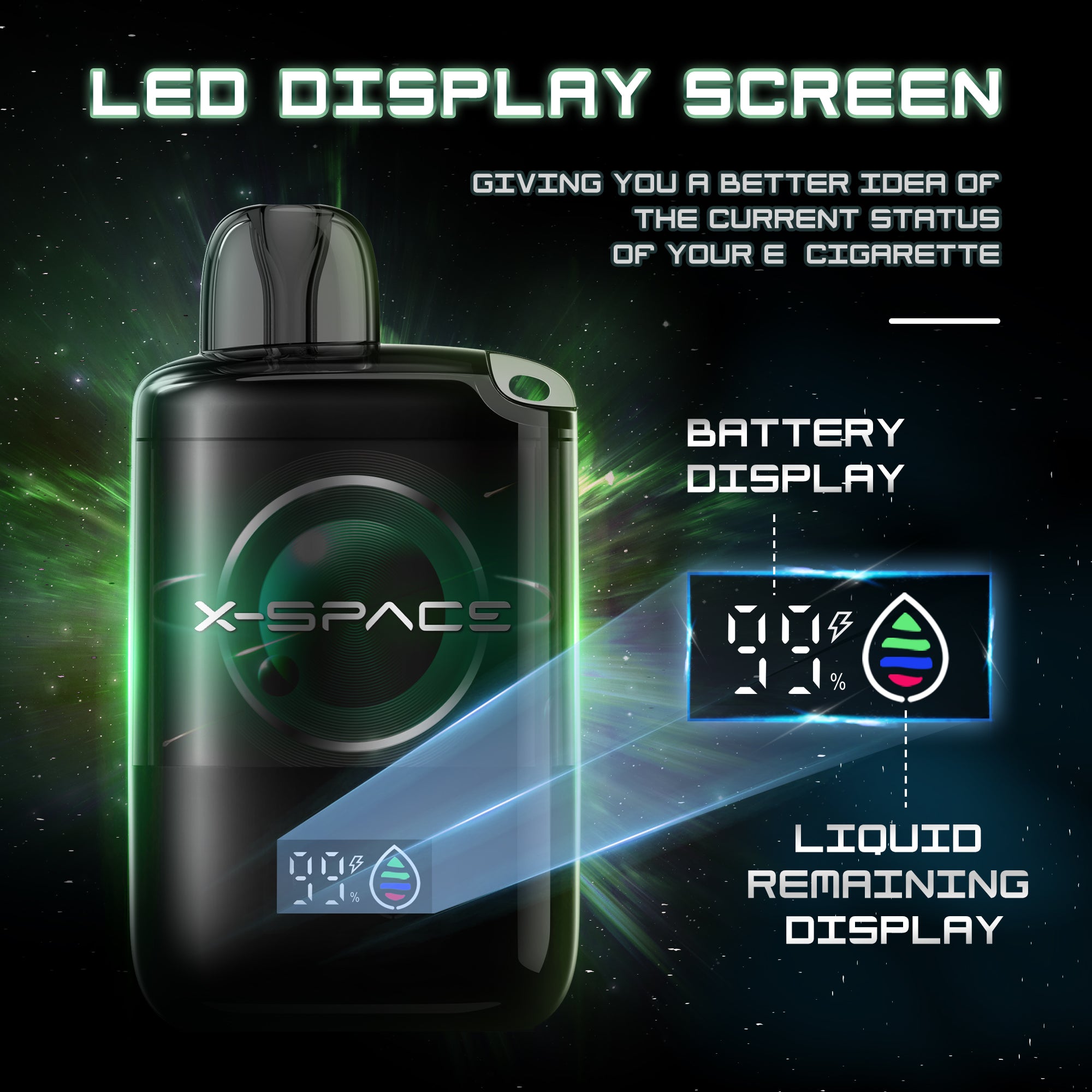 X-SPACE Einweg Vape ohne Nikotin, wiederaufladbare E-Zigaretten 9000 Puffs Vape Pen, Obst Geschmack Vapes Bar, Grüner Apfel Pfirsich