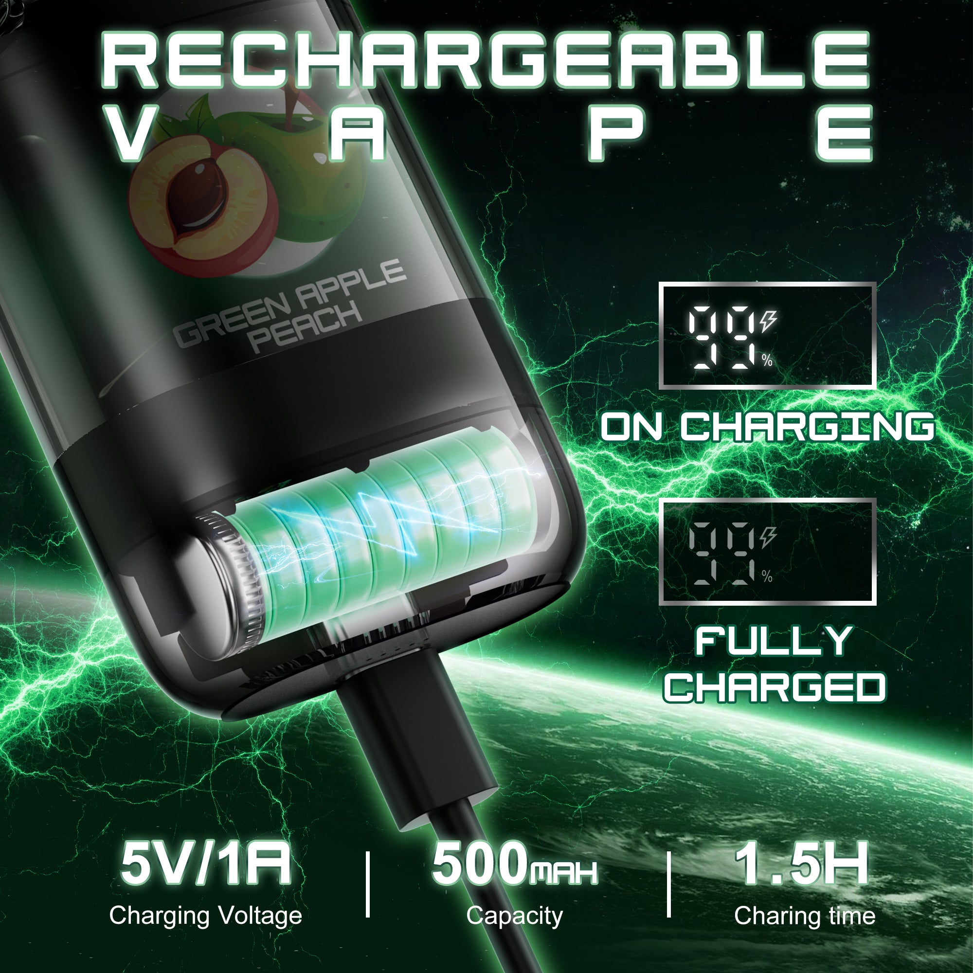 X-SPACE Einweg Vape ohne Nikotin, wiederaufladbare E-Zigaretten 9000 Puffs Vape Pen, Obst Geschmack Vapes Bar, Grüner Apfel Pfirsich