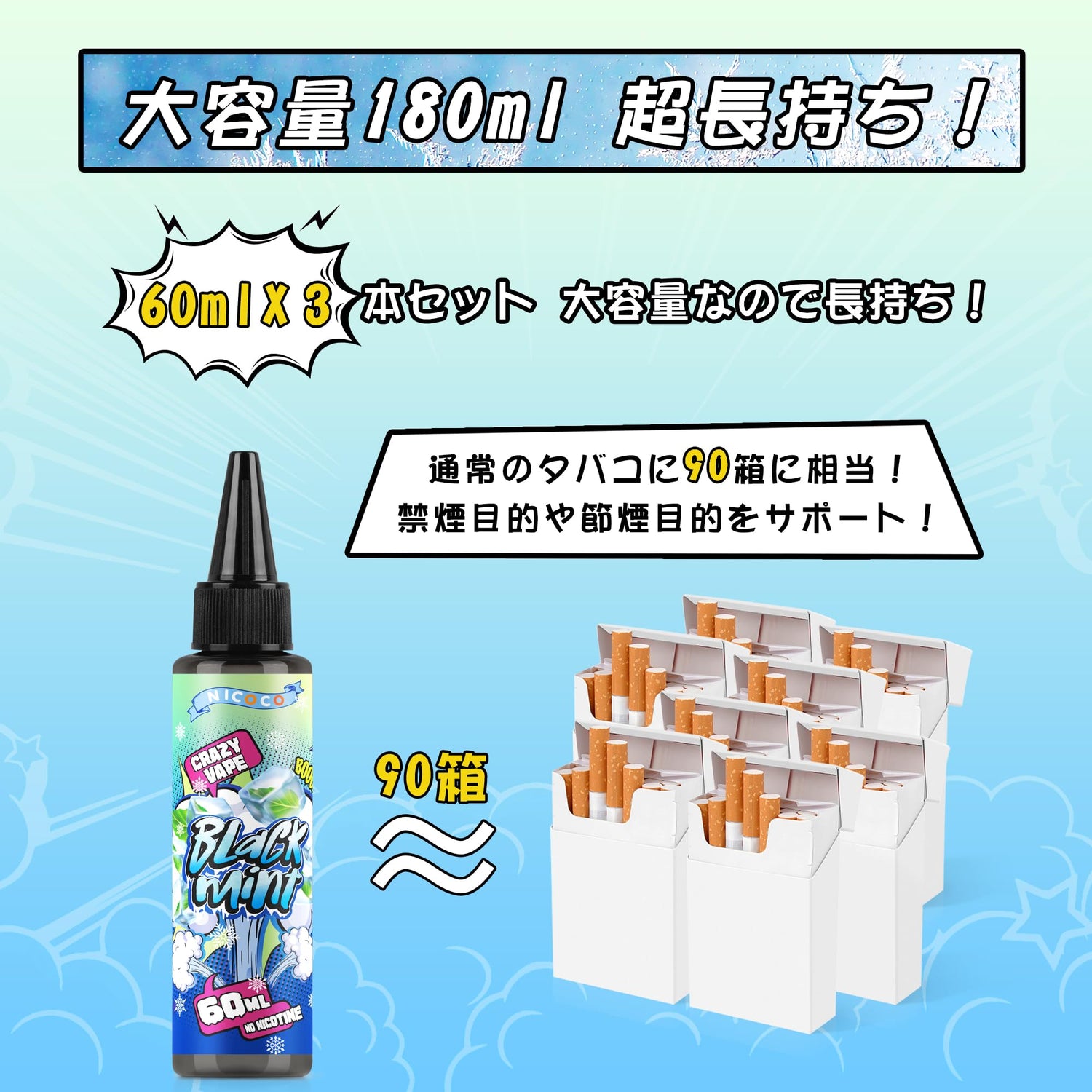 NICOCO 電子タバコ リキッド 大容量180ml ニコチンなし（ ミント3本セット）