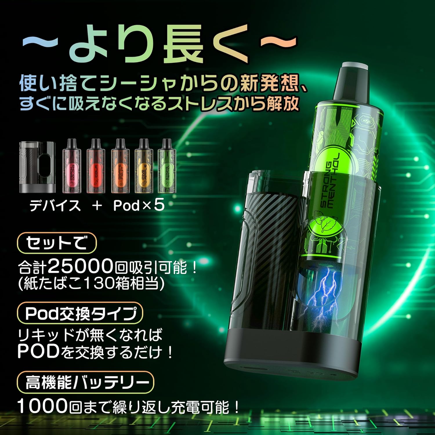 ARASHI 電子タバコ カートリッジ交換可能 25000回吸引 持ち運び便利 ニコチン0 タール0 使い捨て ポッド5個付き I3（MIX-1）